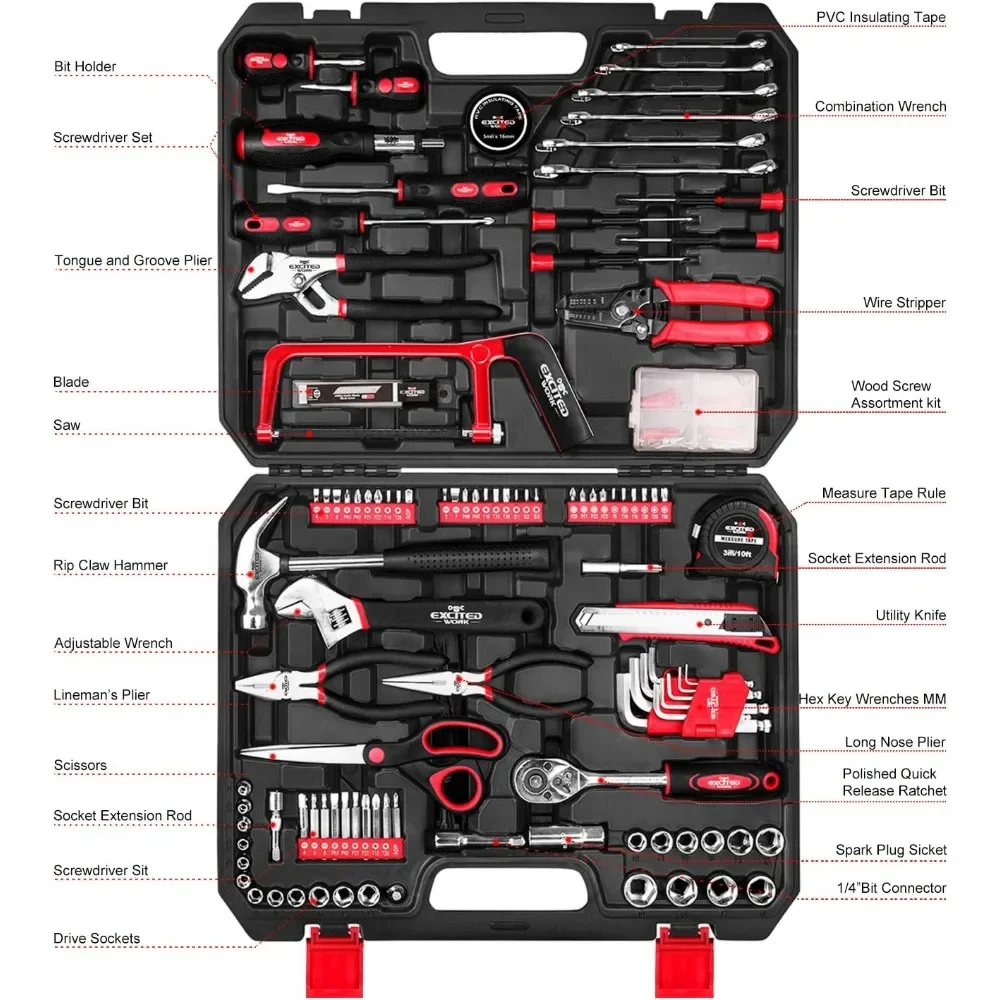 198 Piece Household Tool Set,General Home/Auto Repair Hand Tool Kit with Hammer, Pliers, Wrenches,