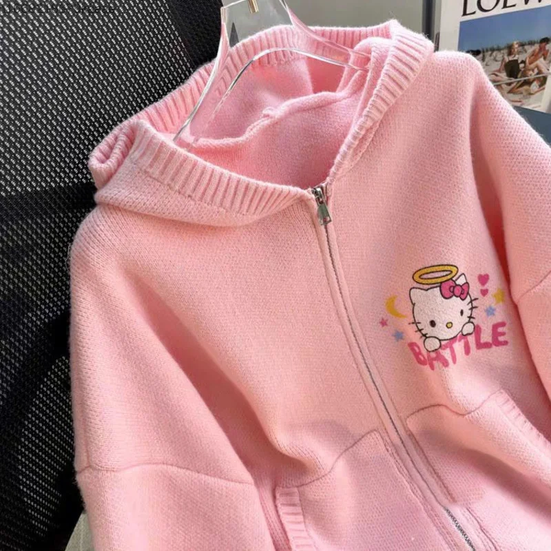 Hello Kitty Women Knitted Hooded Sweater Cardigan Autumn New Loose Fashion Soft Sweater Japanese Style Slimming Knitted Jacket