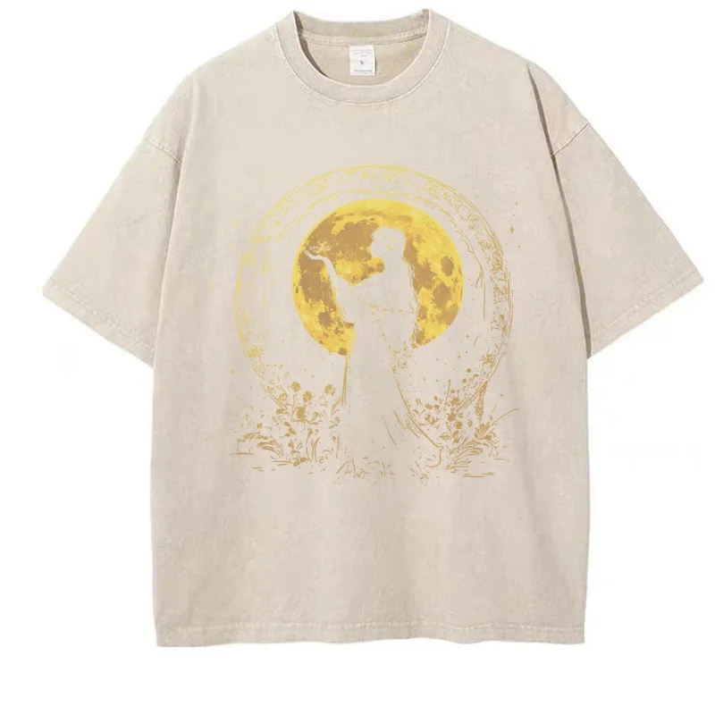 Vintage Moon Goddess Tshirt Men Women Washed Vintage Goddess T Shirt Witchy Clothing Comfortable Loose Short Sleeve Clothes