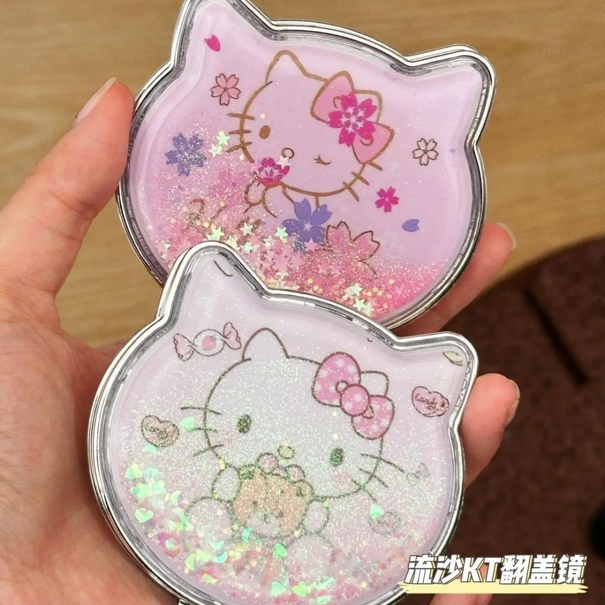 Hello Kitty Kawaii Portable Makeup Mirror Girls Star Sequins Quicksand Mini Double-sided Folding Handheld Beauty Mirrors Gifts