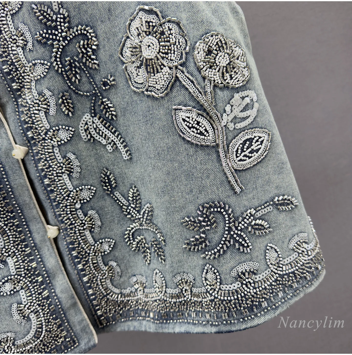Short Sleeveless Denim Vest Jacket for Women, New Spring Fall, Vintage Distressed with Rhinestone and Sequin Embellishments view 4