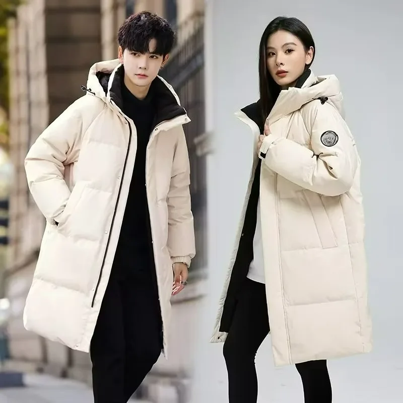 

Korean Style Extra Long Version Down Jacket Hooded Solid Color Versatility Business Casual Outdoor Warm Windproof Parka Coat