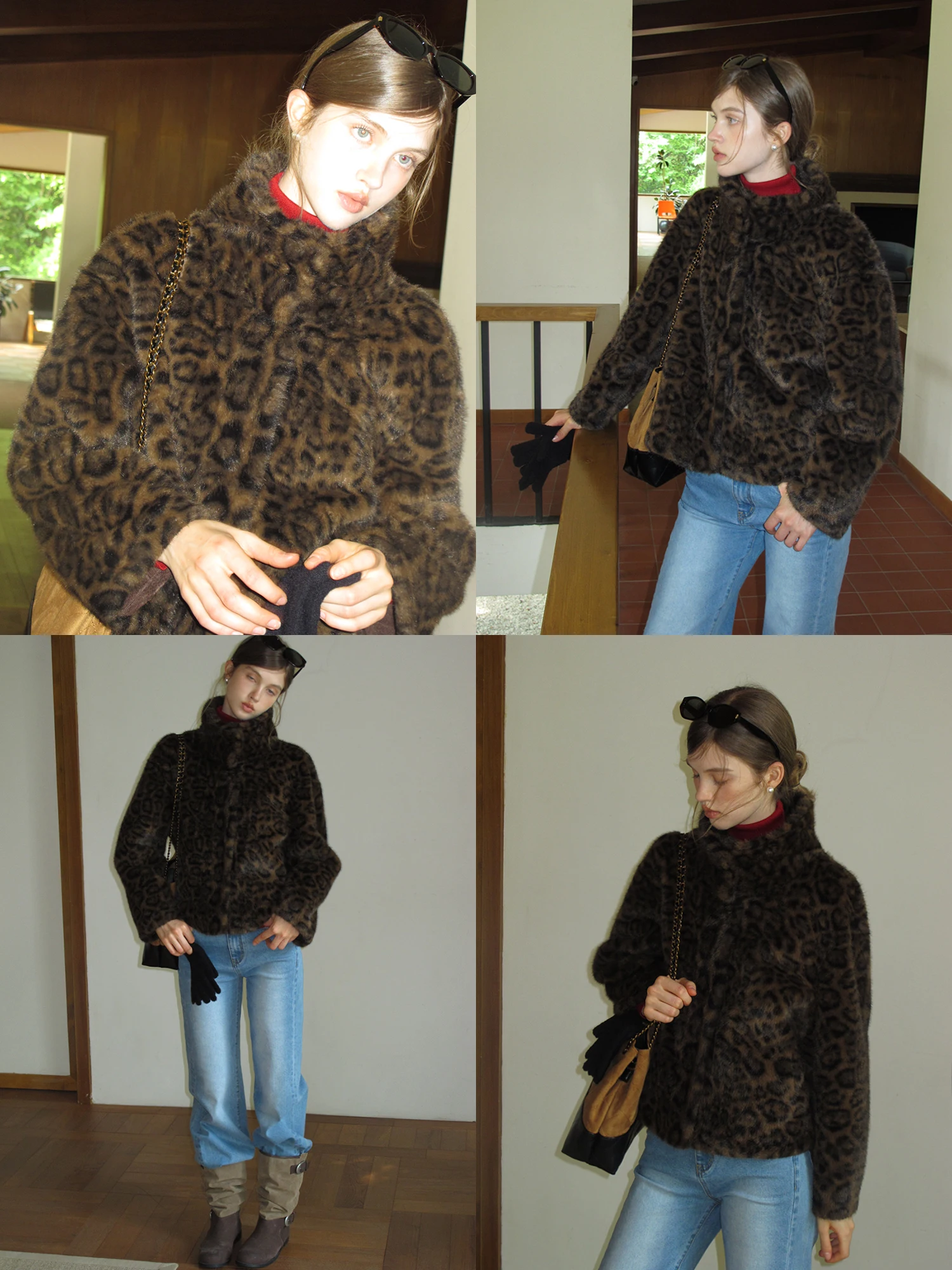 

EGGKA Vintage Collar Thickened Short Coat Loose Fit Casual Leopard Print Open Cardigan Women's Fashion Outerwear