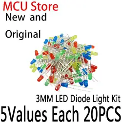 5 Cores * 20PCS = 100PCS Branco Amarelo Vermelho Verde Azul Componente DIY Kit 3MM LED Diodo Luz Kit Sortido