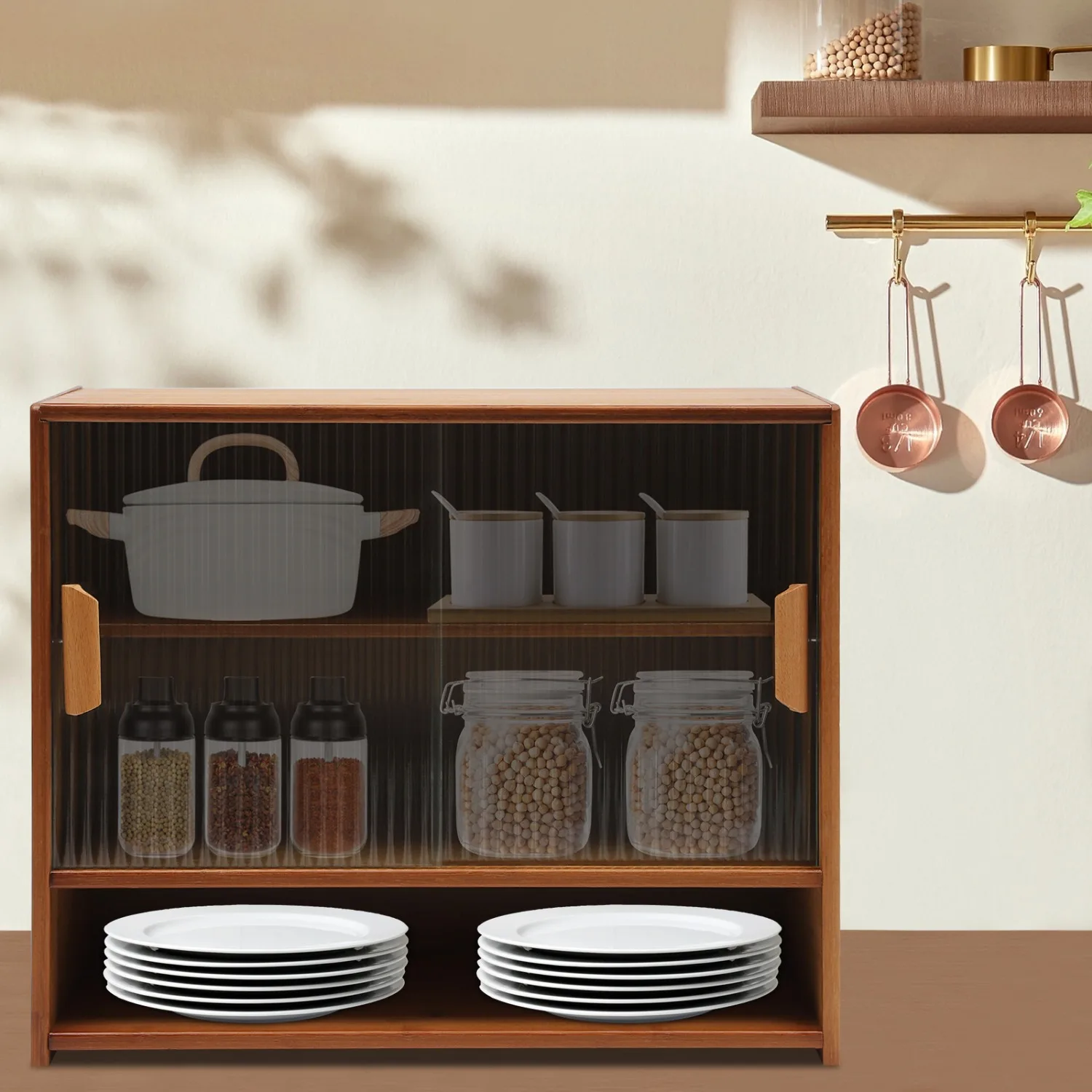 Pantry Sideboard High Quality Bamboo Glass Laminated Board Three Shelves Two Way Sliding Doors Ample Storage High Stability