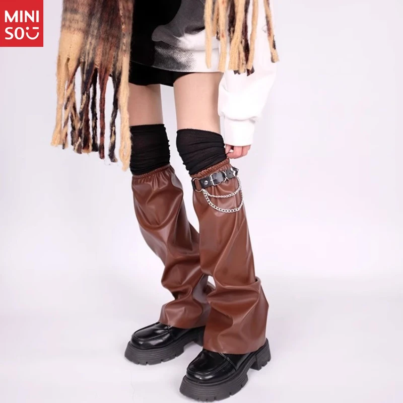 Miniso Y2K レザーレッグウォーマー、インスタグラムファッション用パンクブーツソックス