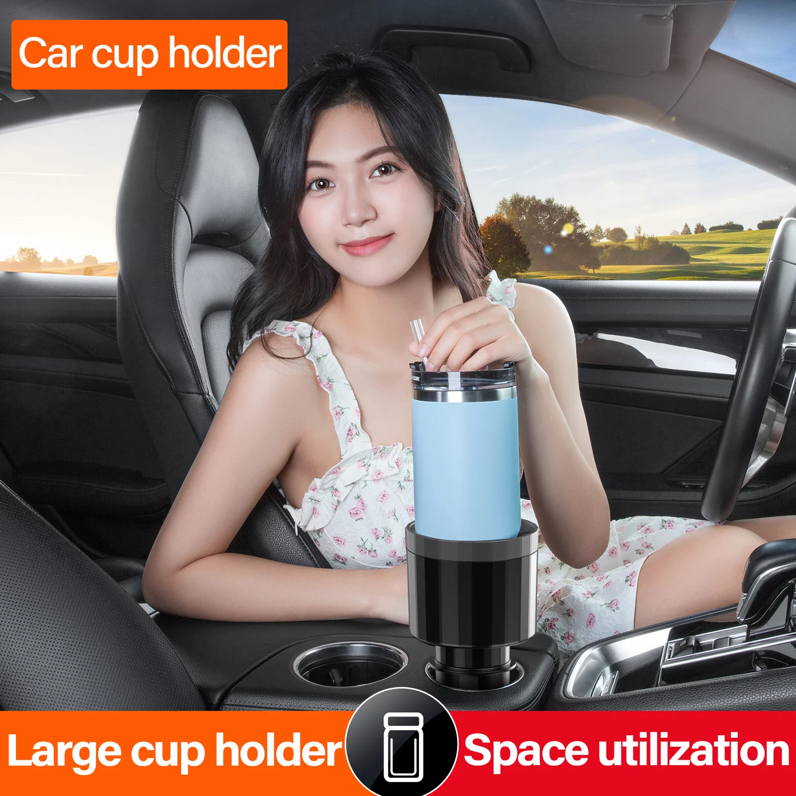 Universal Car Cup Holder Expander Extender, 360° Rotatable with Anti-Slip Mat, Fits 2.5-4.3 Inch Hole, U-Shaped Base Three-Claw