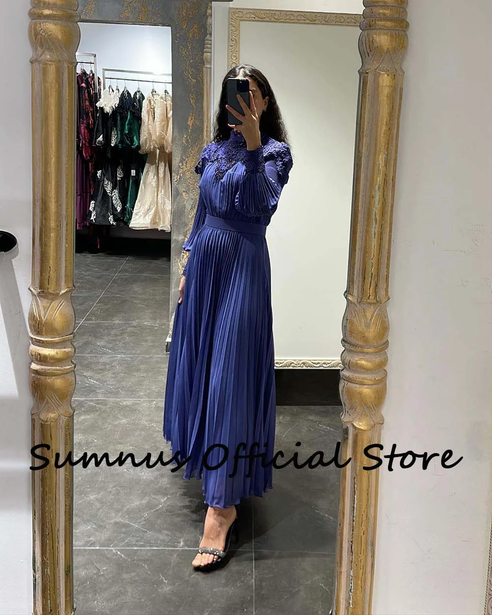 Sumnus Royal Blue Chiffon Dubai Evening Dresses High Neck Lace Appliques Full Sleeve Black Saudi Arabia Formal Gowns with Belt