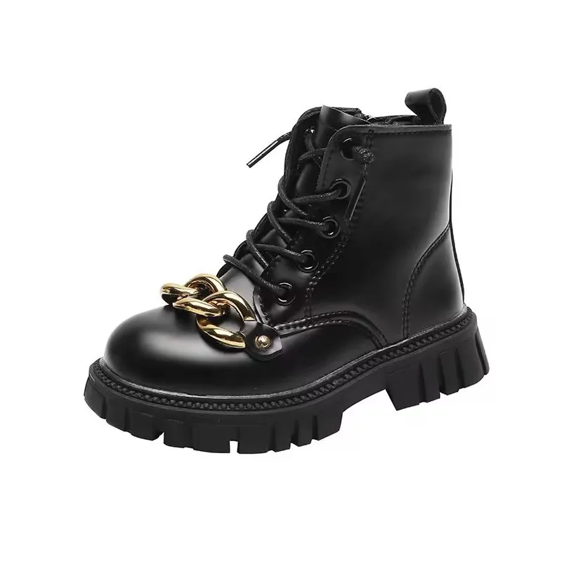 Fashion Children Leather Boots Autumn Winter Metal Chain Girls Boots Warm Cotton Kids Ankle Boot Versatile Anti-slip Girls Shoes