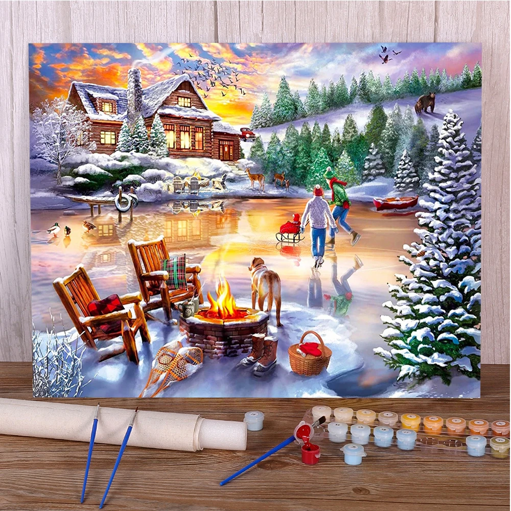 Landscape Winter House DIY Paint By Numbers Set Acrylic Paints 40*50 Canvas Painting Decorative Paintings For Children Handiwork