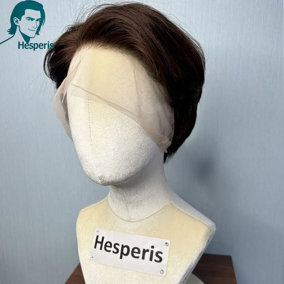 

Hesperis Человеческие волосы Коричневые мужские натуральные прямые парики Короткие предварительно стильные полные парики шнурка для мужчин Короткая стрижка Мужские бесклеевые волосы Remy