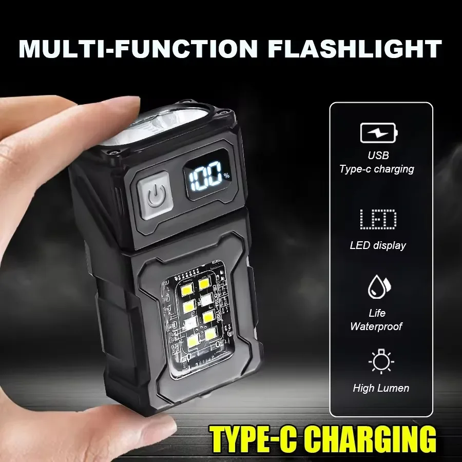 

Мини-фонарик LED с USB-C зарядкой, портативный, с магнитом на торце, суперяркий, для кемпинга, с боковым COB-светом, аварийный фонарь