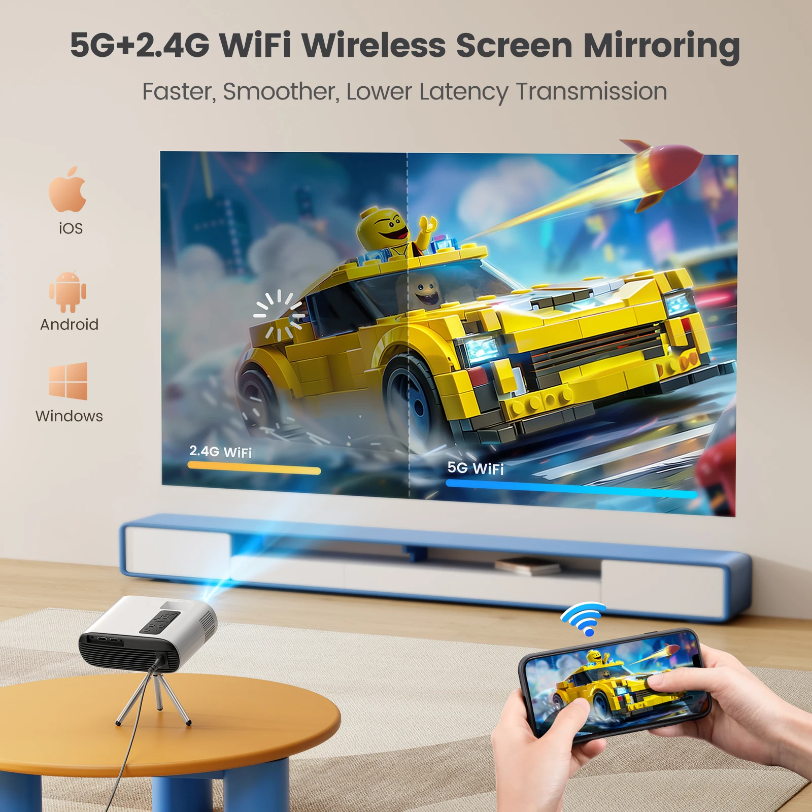 TOPTRO Mini Proiettore Full HD Supporto 1080P 16000 Lumen Auto Keystone WiFi Bluetooth Videoproiettore Home Theater portatile