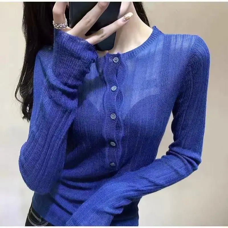 Knitted Sweater Pullover Women Tops Korean Chic Long Sleeve Button Half Open Neck Sexy Slim See-through Thin Y2k Tops