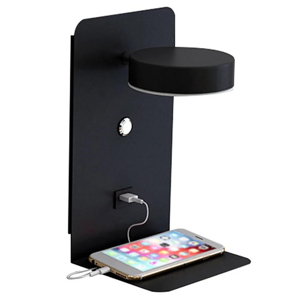ABZV-Reading Wall Light with USB Port Charging Creative Rack Bedside Lamp with Switch -Black