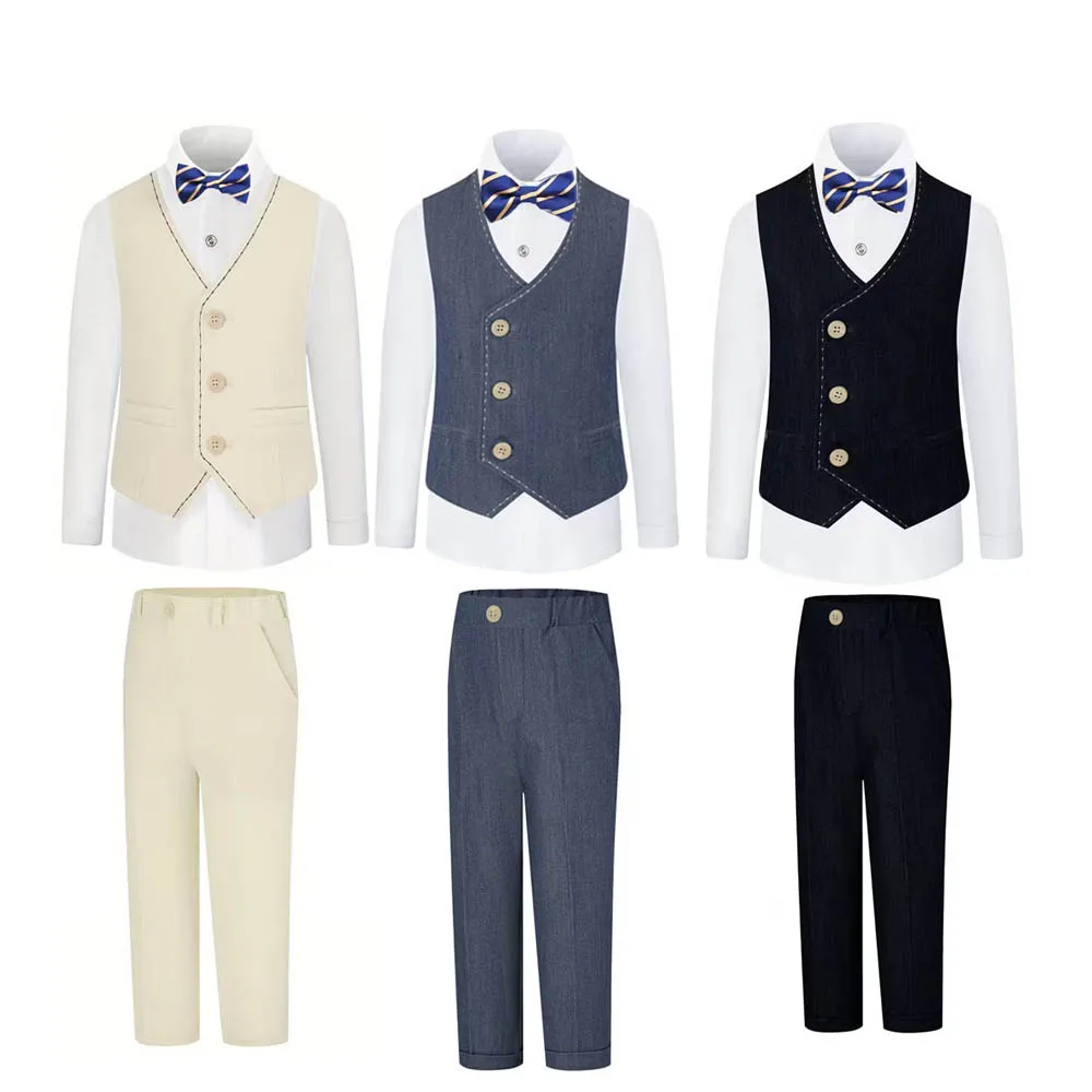 Traje de 4 piezas para niños: chaleco, camisa, pantalones y pajarita para fotografía, escuela, bodas y ceremonias infantiles