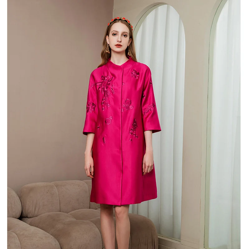 

Spring And Autumn Fashion Silk Wool Fabric Loose Embroidery Coat Hidden Button Three Quarter Sleeve Lady Long Windbreaker M-XL