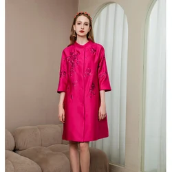 Spring And Autumn Fashion Silk Wool Fabric Loose Embroidery Coat Hidden Button Three Quarter Sleeve Lady Long Windbreaker M-XL