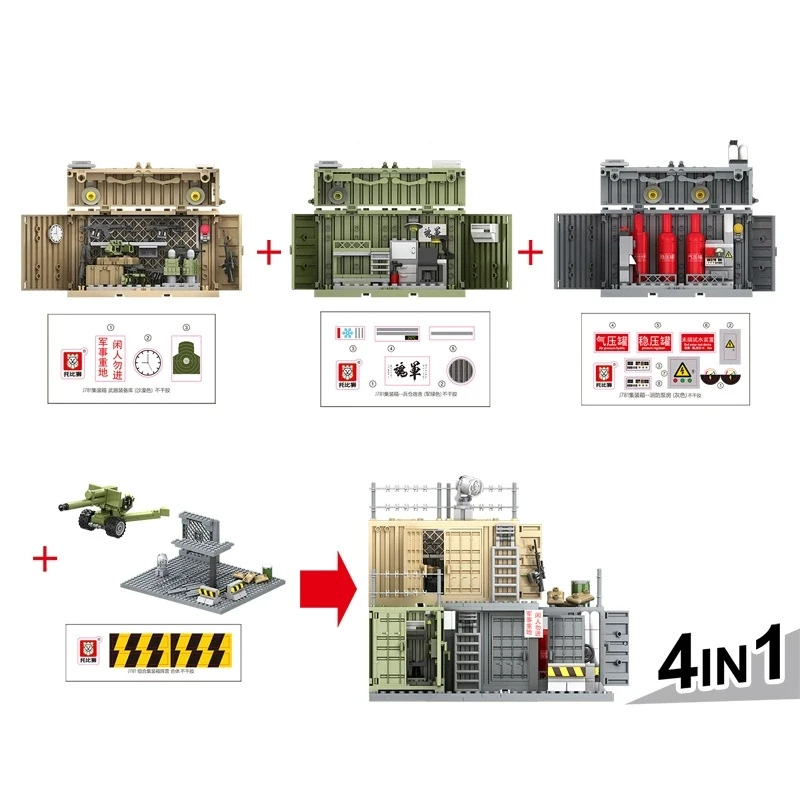 Scena wojskowa Kontenerowy obóz Arsenał Ochrona Wieże strażnicze Posty dowodzenia Bazy Stojaki policyjne Klocki Modelowe zestawy Cegły