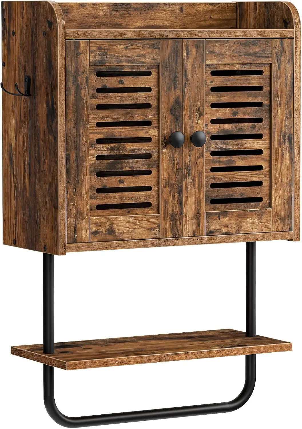 

Rustic Brown Double Door Bathroom Wall Cabinet with Towel Bar, Adjustable Shelf, and Hooks for Over Toilet Storage