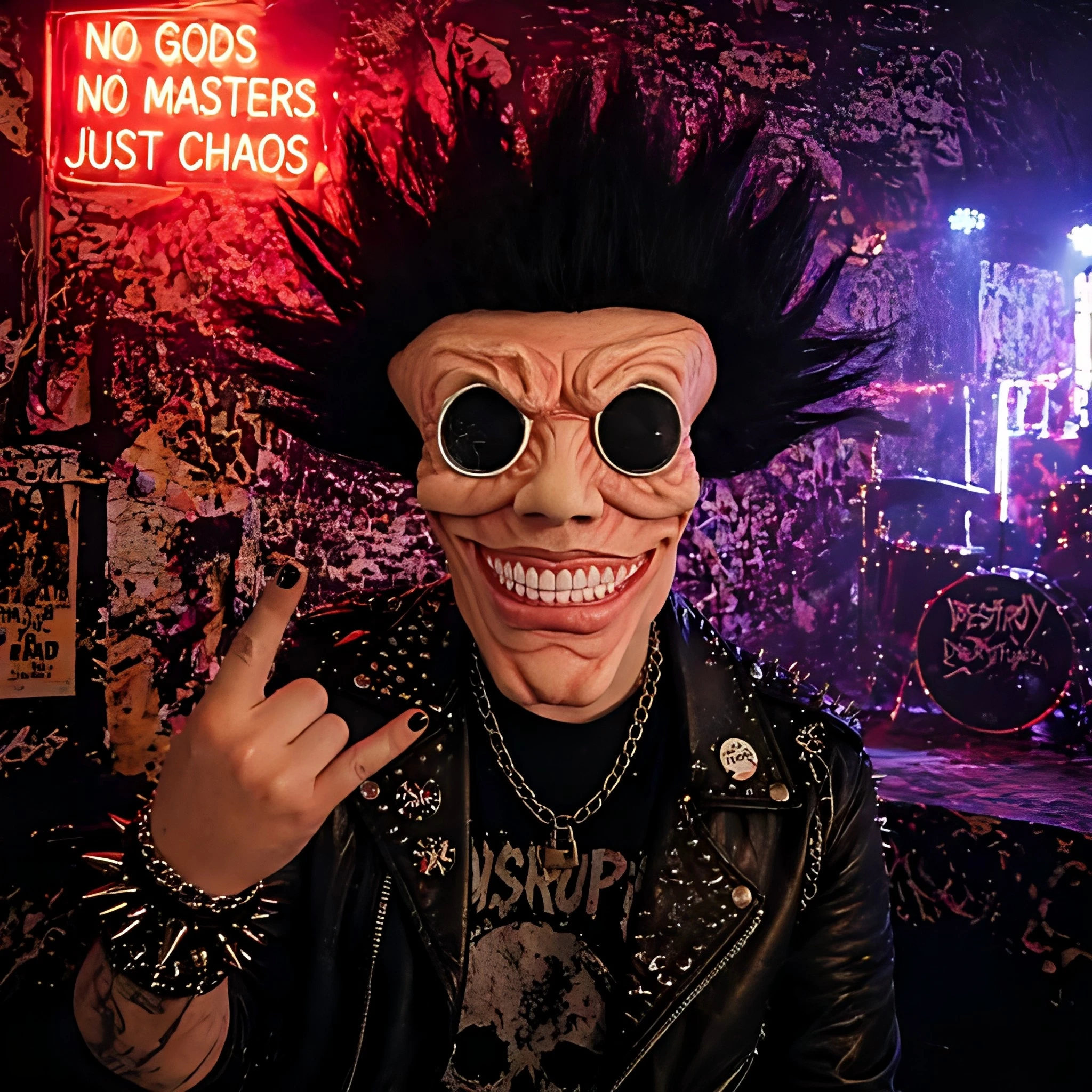 Adult Creepy Cyberpunk Half Head Latex Mask Spiky Hair Crazy Smile Goggles Scary Halloween Costume Party Cosplay Horror Prop