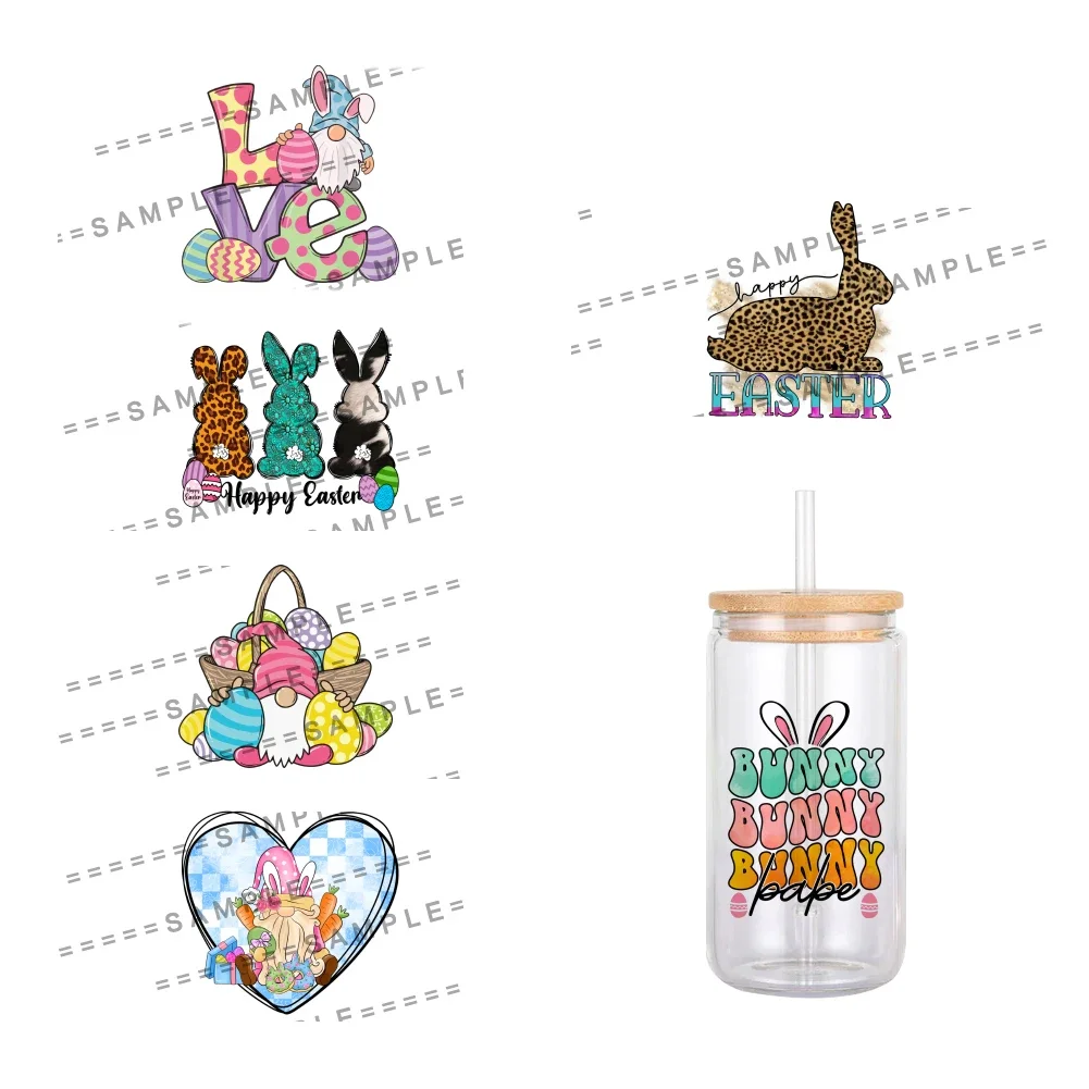 Happy Easter Day Color Eggs Rabbit Pattern UV DTF Waterproof Transfers Decals For 16oz Glass Cup Wrap Stickers 11x12cm