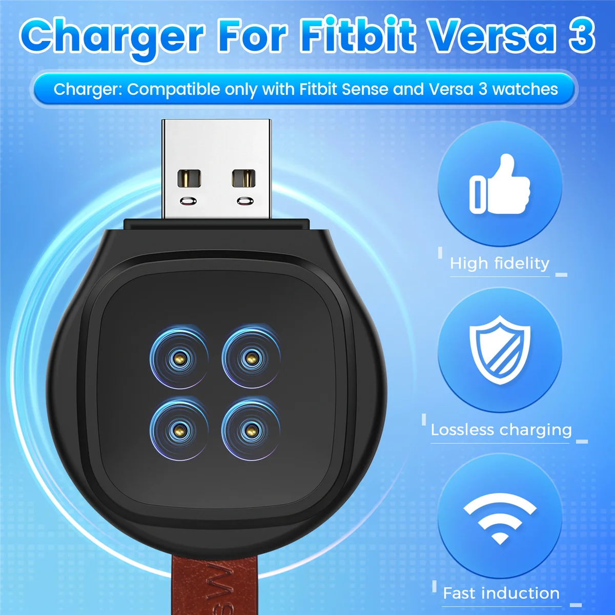 Charger for Fitbit Versa 3/Sense Watch Portable USB Interface Watch Charger,Black