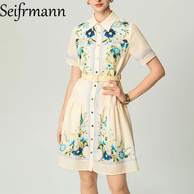 

Seifrmann Elegant Women's Dress Summer Turn-Down Collar Short Sleeved Single Breasted Lace-Up Slim Fashion Dresses