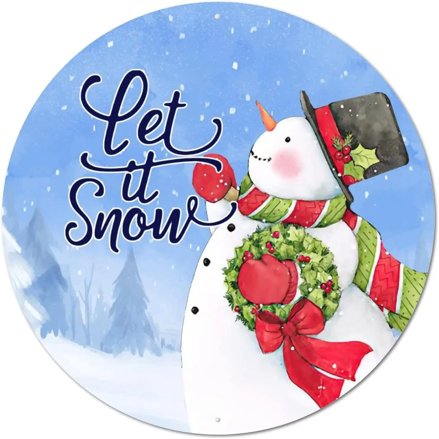 Round Metal Tin Sign Plaque Christmas Snowman Let It Snow Circle Wreath Sign Vintage Bar Home Sign Classic Christmas