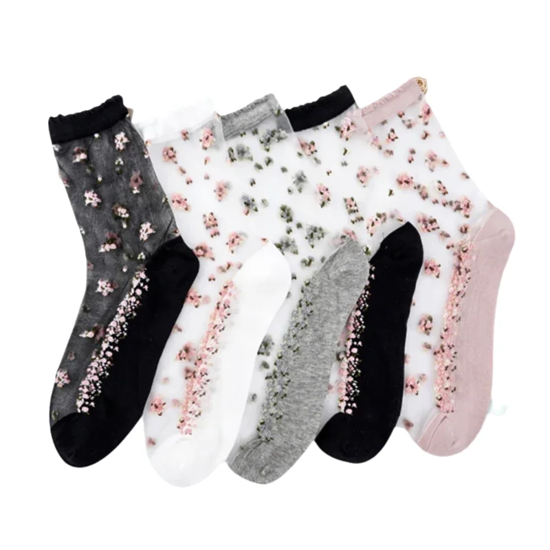 KUCLUT1 Pair Breathable Ultra Thin Socks Summer Women Transparent Lace Silk Crystal Rose Flower Girls Female Elastic Short Socks