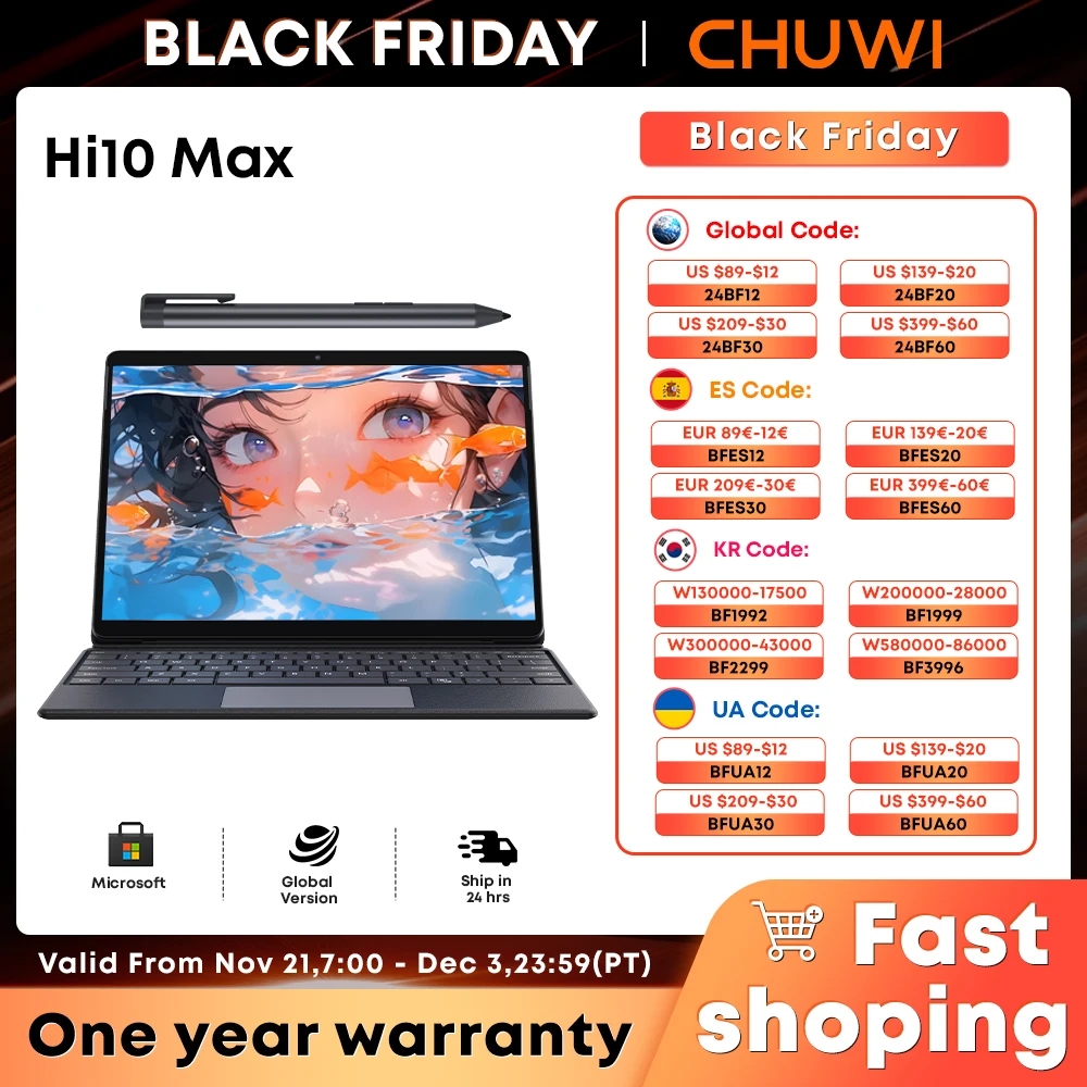 CHUWI HI10 Max 2 IN1 Windows Tablet Laptop Intel N100 12.96'' 3K Touch Screen 512GB SSD 12GB RAM Tablets Support Keyboard Stylus