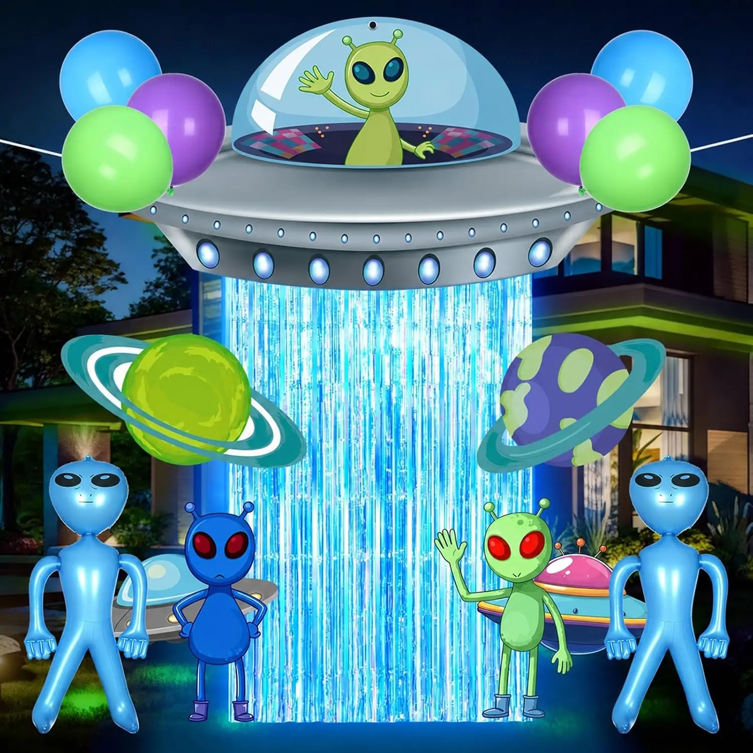 22pcs Alien Birthday Decorations UFO Space Backdrop and Balloons,Blue