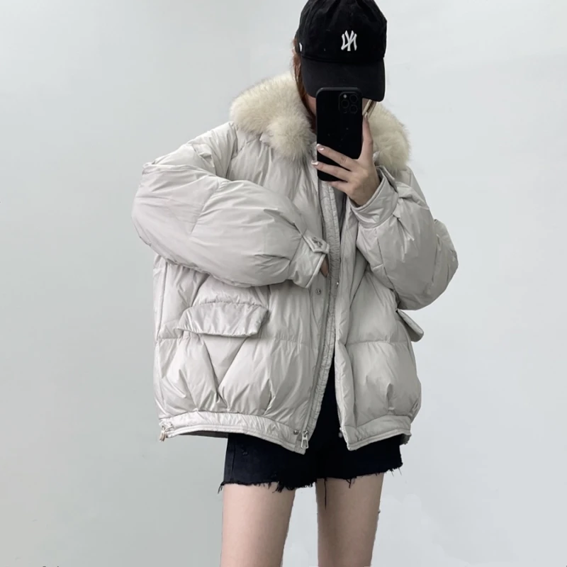 Winter New Large Fox Fur Collar Hooded Light Feather Jacket Women 90% White Duck Down Short Coat Warm Puffer Green Outwear