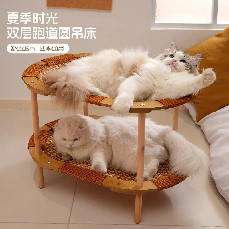 Extra Large Double-Layer Cat Scratcher & Bed Combo, Sisal Mat Non-Shedding Rattan Solid Wood Bunk Hammock for Indoor Cats