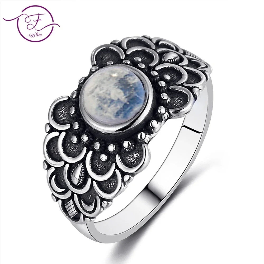 

S925 Sterling Silver Ring Round 6MM Natural Moonstone Vintage Wreath Engagement Wedding Ring Party Anniversary Jewelry Wholesale