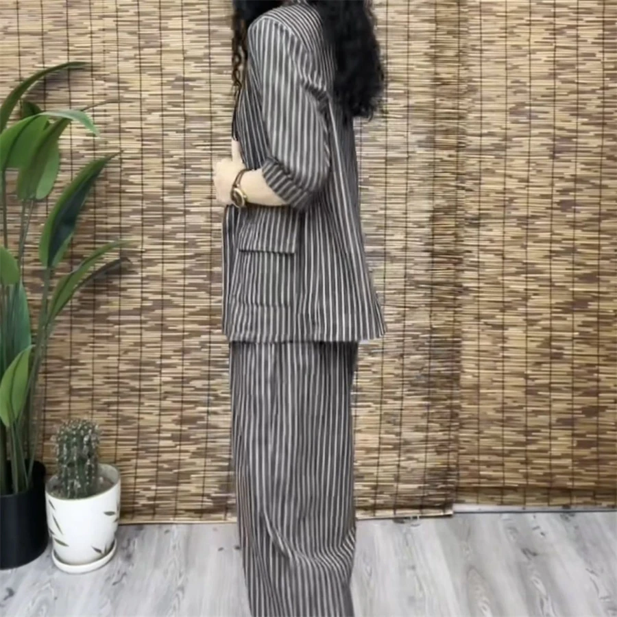 Vintage Striped Loose Tracksuits 2 Pieces Sets Oversize 4XL Suits Thin Unlined Blazer Shirts Capris Harem Pants Casual Outfits