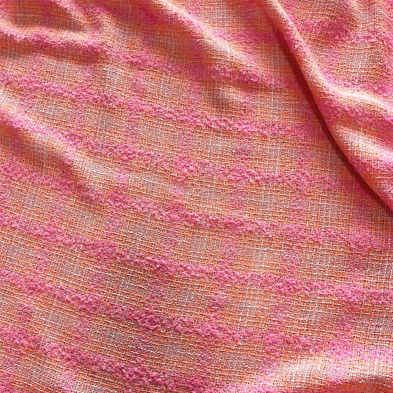 Pink and Orange Lattice With Ribbon Yarn-Dyed Braided Tweed Fabric For Jacket Dress Suits Coat DIY Cloth Sewing Material