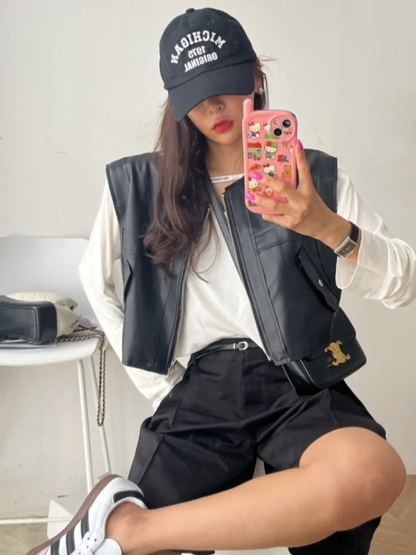 

Chic Early Autumn Loose Casual round Ne ort PU Leather Zipper Vest Small Outerwear Women's Faion Commute Sle Color
