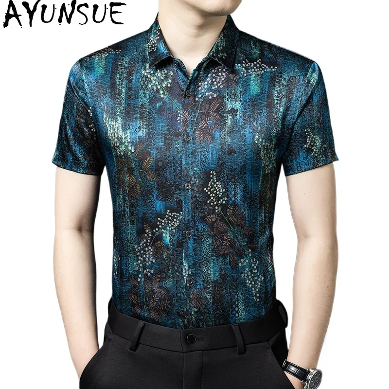 

AYUNSUE Новая модная мужская рубашка из 90,8% натурального шелка тутового шелкопряда, повседневная летняя рубашка с коротким рукавом 2026, мужская одежда, топы с принтом