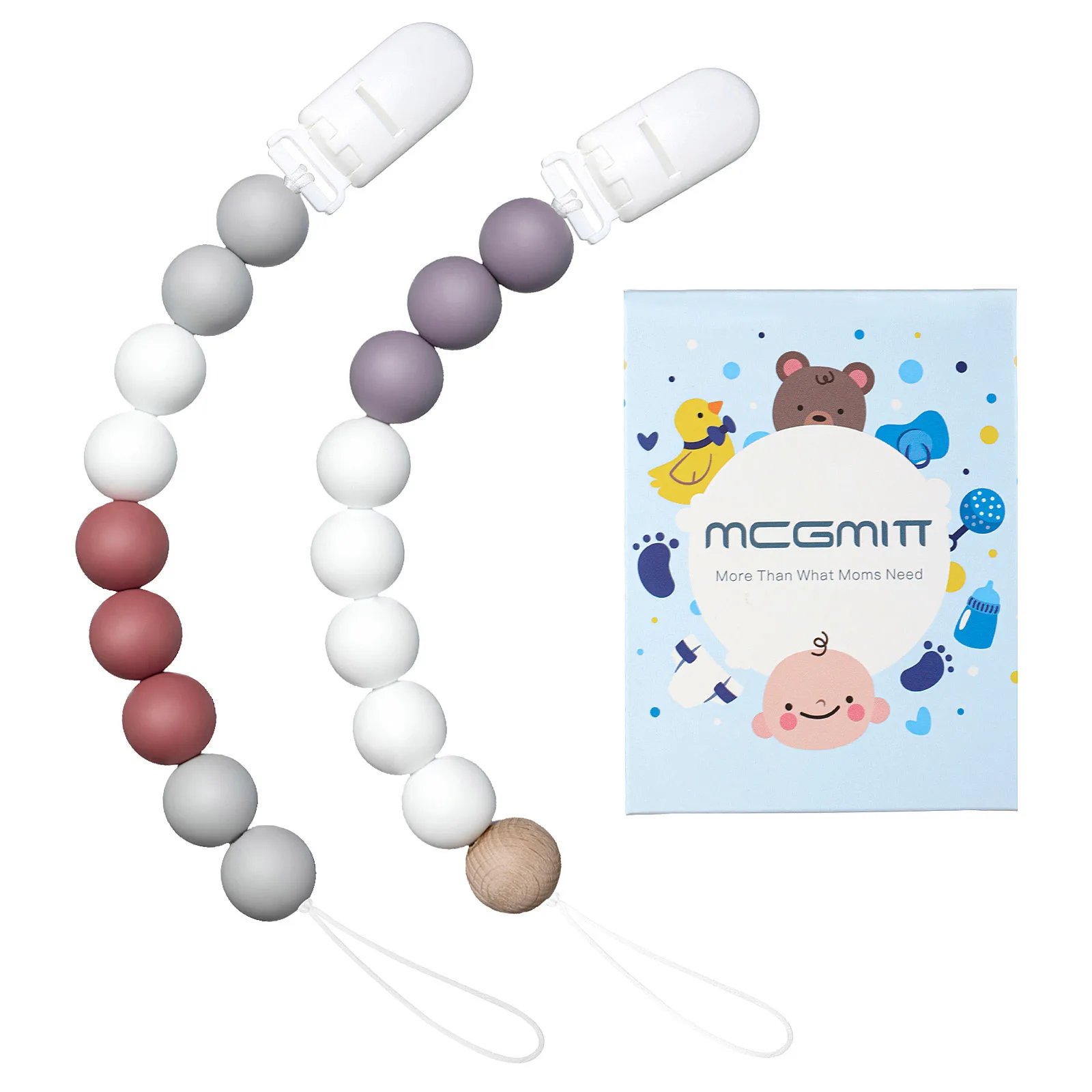 2pcs Boxed Baby Pacifier Chain Clips with Silicone Beads Cute Teething Toy BPA-Free Gift Accessories for Boys & Girls