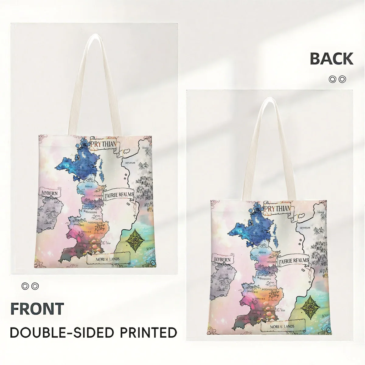 2d Flat 1pc Watercolor Prythian Map Tote Bag, Duplex Prints Fantasy Realm Map Design, Perfect for Grocery Shopping, Beach Trips,