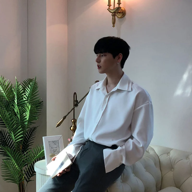 مزدوجة طوق كم طويل قميص الرجال قميص أبيض خمر النبيذ الأحمر قمصان الرجال الكورية مريحة بلوزة عادية فضفاض التلبيب قميص #4