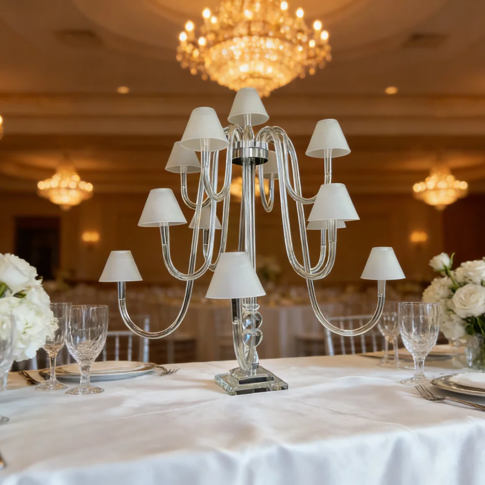4pcs）wedding event decoration supplies. S-shaped polished wire 13-inch horn-shaped crystal pillar candlestick with frosted cove