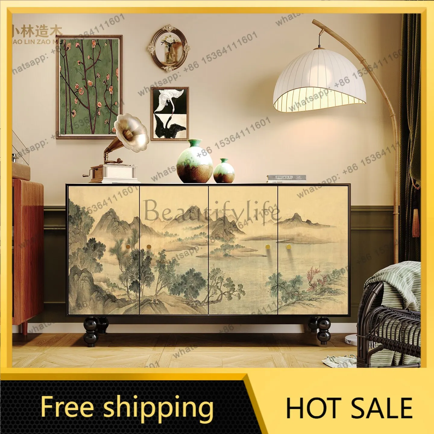 Solid wood new Chinese retro medieval style painted porch side locker