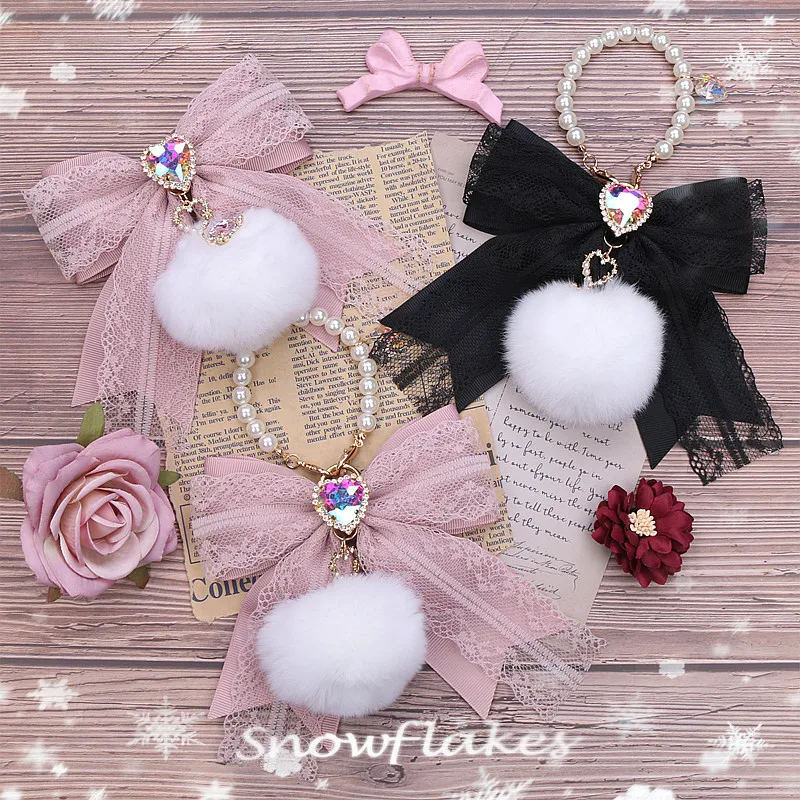 Y2K Ribbon Bowknot Rhinestones Bag Pendant Charm Heart Keychain Elegant Beaded Keyring Sweet Key Chain Phone Key Bag Hangings