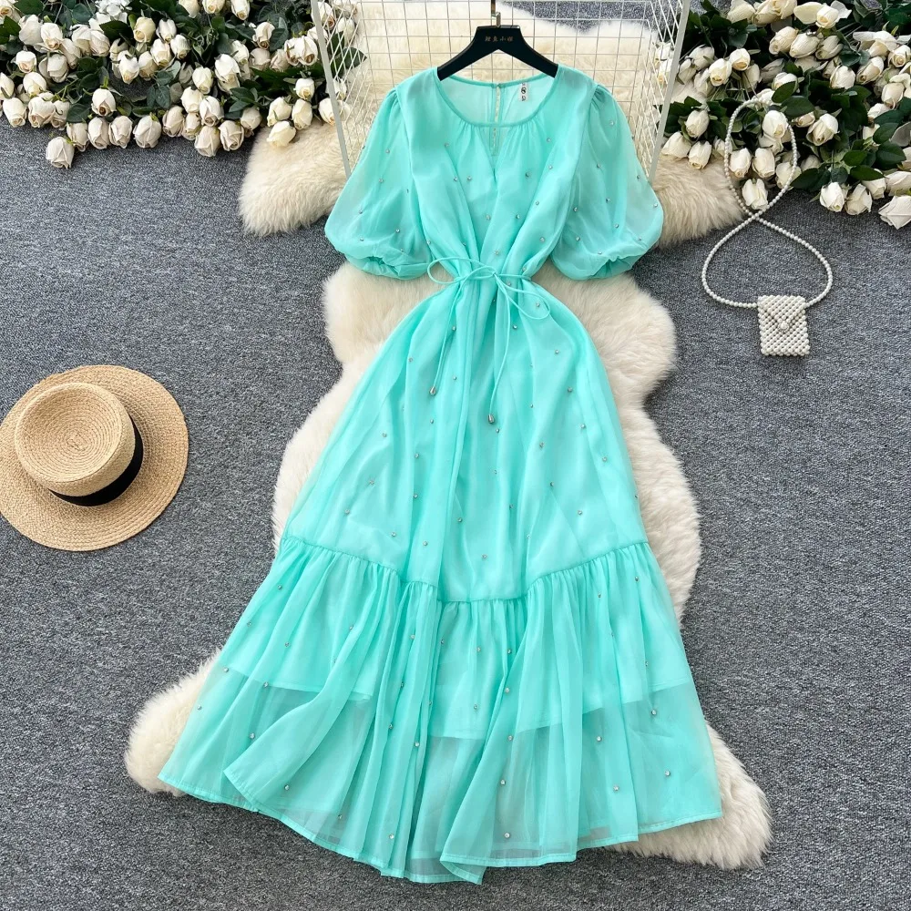 Chic vintage Sexy lantern sleeve rhinestone mesh Fairy Summer  Women Boho Sundress women clothing Long dress