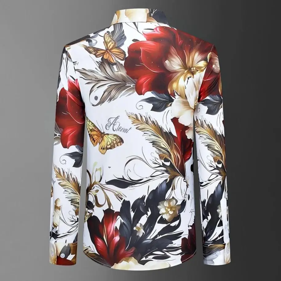 2027 Fashion Luxury Rhinestone Flower Shirt Men's Long Sleeve Casual Slim Shirt Retro Social Party Dress Business Formal Shirt