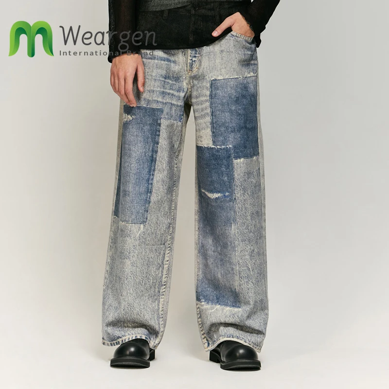 Men Washed Snowflake Digital Printed Jeans Autumn Winter New Trendy Brand Distressed Loose Straight Pants 13436W24