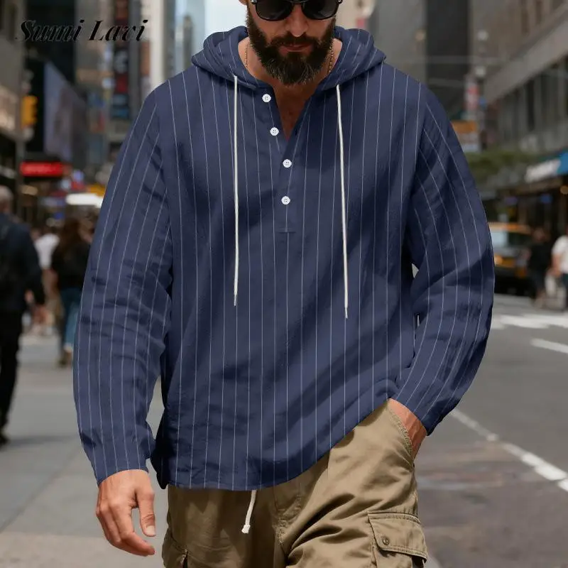 Casual Breathable Loose Mens Hooded Sweatshirts Fashion Striped Printing Hoodies Men Spring Fall Vintage Buttoned Linen Hoodie
