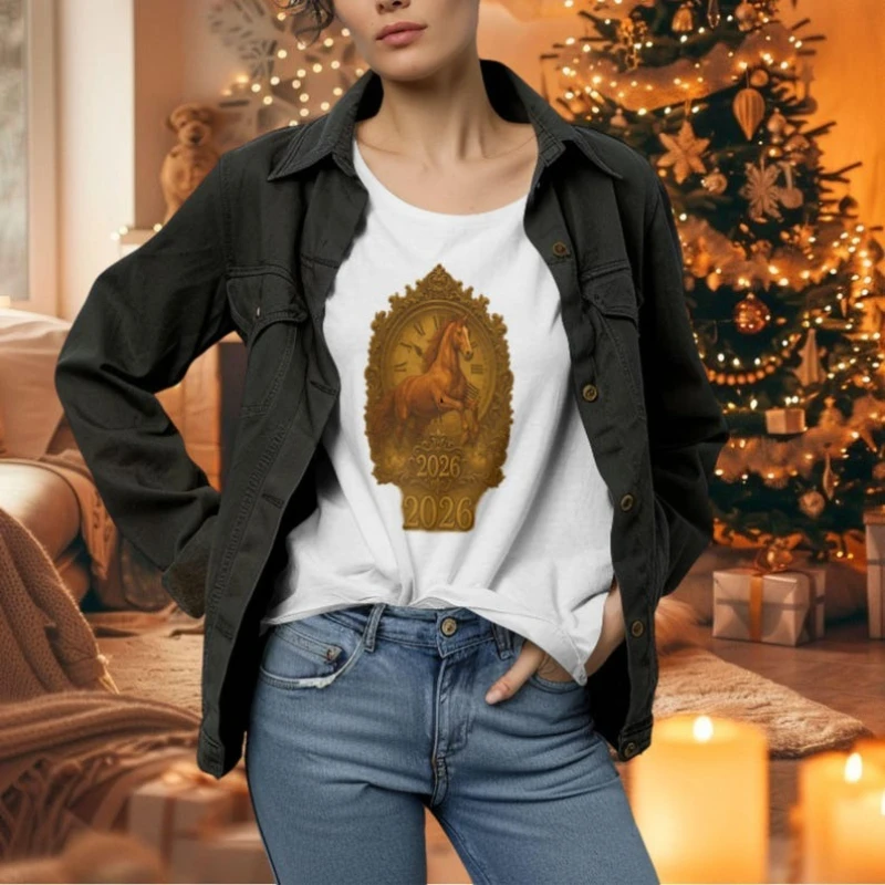 

Vintage Horse 2026 Retro New Year Midcentury Gold Unisex Printed T-shirt Tops Commuter All-match Cotton Tops Tee Shirt Short